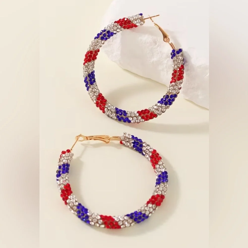 Sparkling Red, Blue & Silver Crystal Hoop Earrings